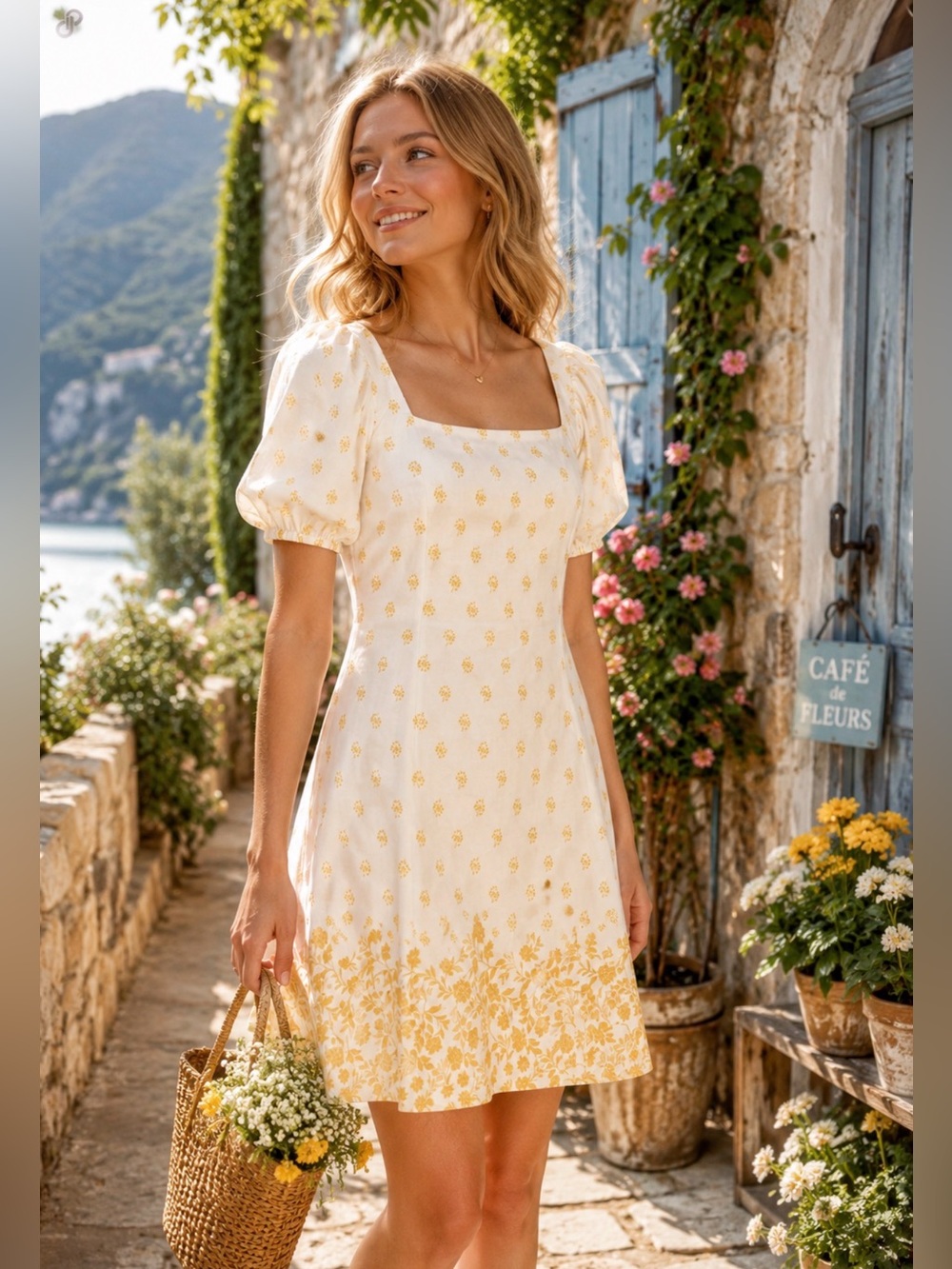 LC Lauren Conrad Floral Mini Dress Puff Sleeve Cream Yellow Women’s large